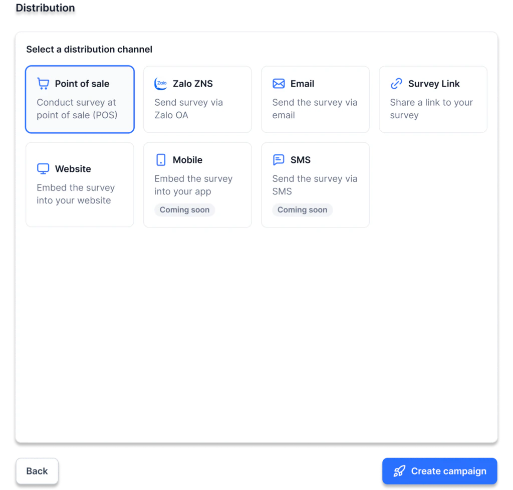 Công cụ Survey Builder của Filum cho phép doanh nghiệp phân phối khảo sát ở nhiều kênh khác nhau để đạt được hiệu quả cao nhất