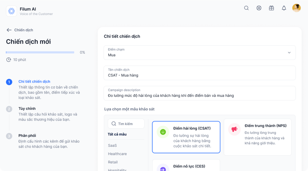 nâng cao trải nghiệmThư viện mẫu khảo sát từ giải pháp Voice of Customer đến từ Filum giúp doanh nghiệp xây dựng khảo sát CSAT chuẩn hóa dễ dàng, nhanh chóng