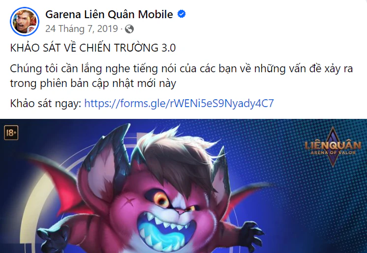 Tựa game nổi tiếng “ Liên Quân Mobile ” đã tiến hành khảo sát khách hàng về phiên bản 3.0 thông qua kênh phân phối truyền thông mạng xã hội