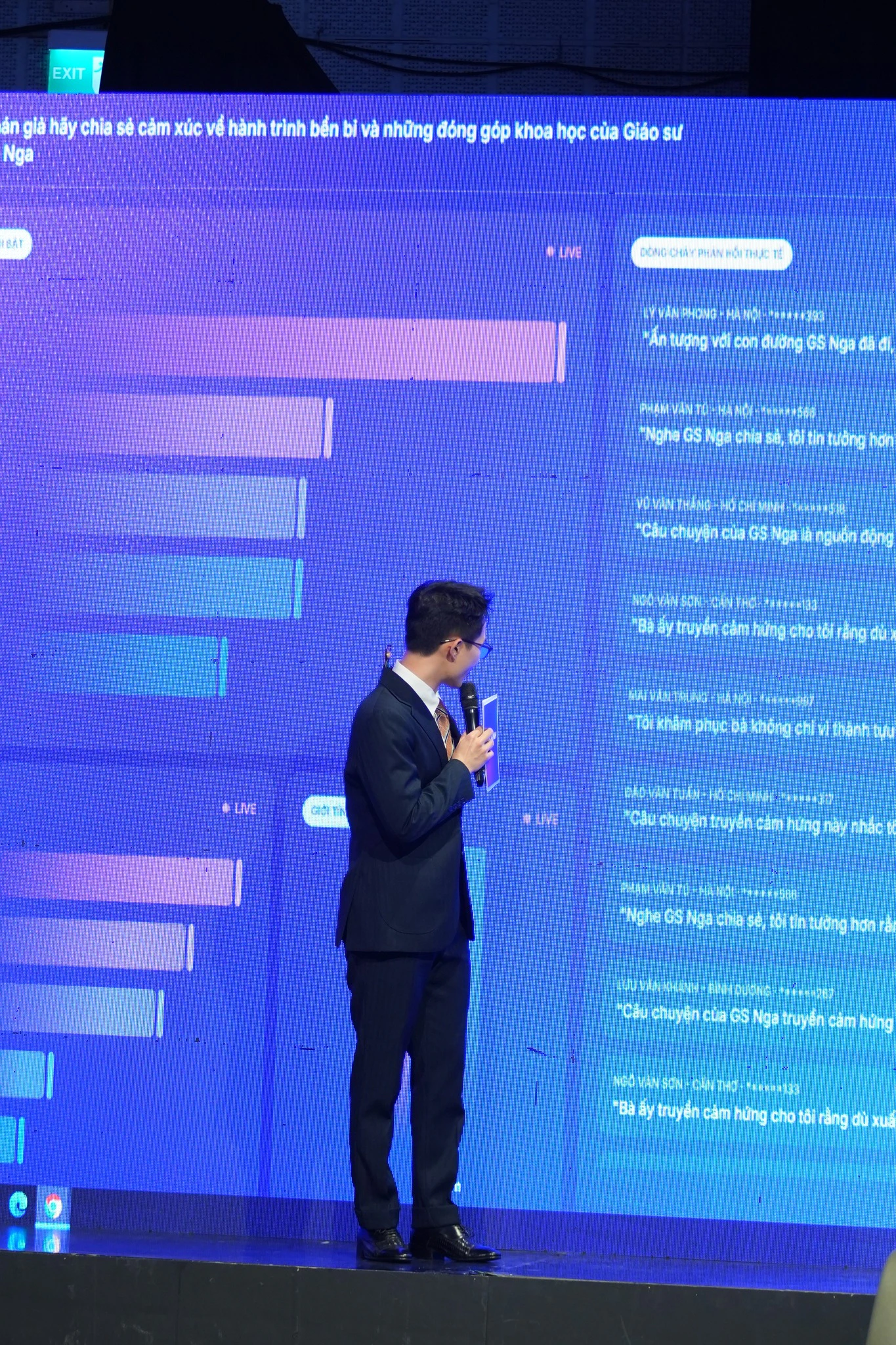 MC đứng trước live dashboard hiển thị phản hồi từ khán giả toàn quốc